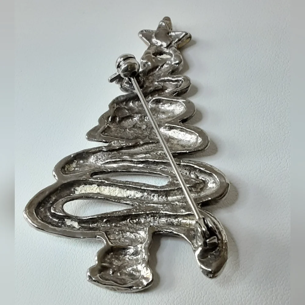 VTG MODERNIST CHRISTMAS TREE SILVER TONE BROOCH